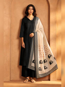 Seerat - Black Chanderi Solid/Plain Kurta Pant with Dupatta