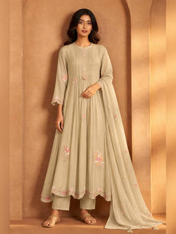 Seerat - Beige Silk Blend Embroidered Anarkali Kurta Pant with Dupatta