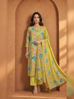 Seerat - Green Linen Blend Floral Kurta Pant with Dupatta