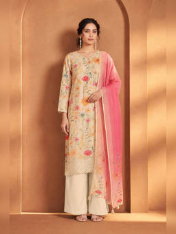 Seerat - Cream Linen Blend Floral Kurta Palazzo with Dupatta