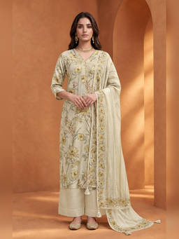 Seerat - Beige Linen Blend Floral Kurta Palazzo with Dupatta