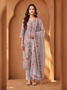 Seerat - Grey Linen Blend Floral Kurta Pant with Dupatta