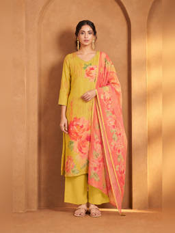 Seerat - Mustard Linen Blend Floral Kurta Palazzo with Dupatta