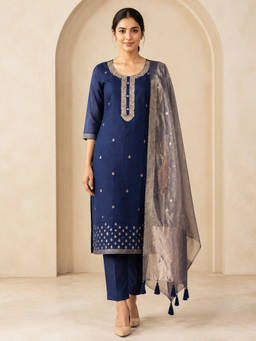 Seerat - Blue Chanderi Embroidered Kurta Pant with Dupatta