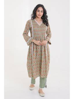 CHHAAP TILAK - Green Cotton Floral Kurta