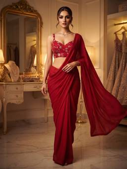 FLOSIVE - Burgundy Silk Solid/Plain Saree With Unstitched Blouse