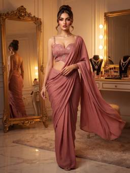 FLOSIVE - Rose Gold Silk Solid/Plain Saree With Unstitched Blouse