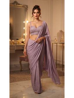 FLOSIVE - Lavender Silk Solid/Plain Saree With Unstitched Blouse