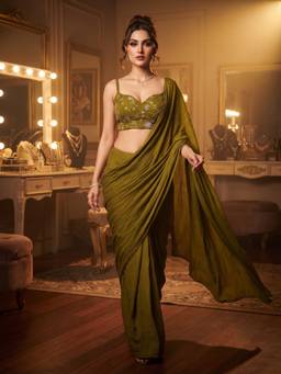 FLOSIVE - Olive Silk Solid/Plain Saree With Unstitched Blouse