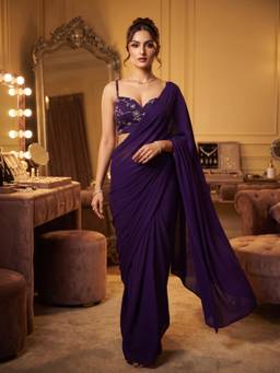 FLOSIVE - Indigo Silk Solid/Plain Saree With Unstitched Blouse