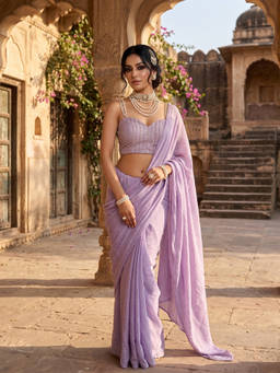FLOSIVE - Lavender Sequin Solid/Plain Saree With Unstitched Blouse