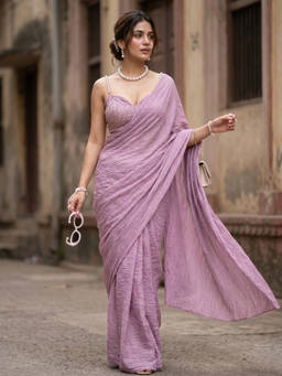 FLOSIVE - Magenta Sequin Solid/Plain Saree With Unstitched Blouse