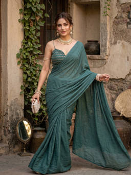FLOSIVE - Green Sequin Solid/Plain Saree With Unstitched Blouse