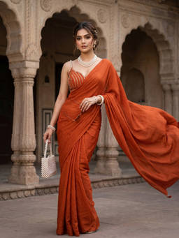 FLOSIVE - Orange Sequin Solid/Plain Saree With Unstitched Blouse