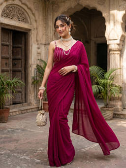 FLOSIVE - Rose Gold Sequin Solid/Plain Saree With Unstitched Blouse