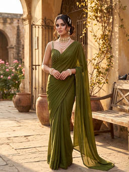 FLOSIVE - Olive Sequin Solid/Plain Saree With Unstitched Blouse