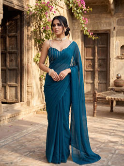 FLOSIVE - Teal Sequin Solid/Plain Saree With Unstitched Blouse