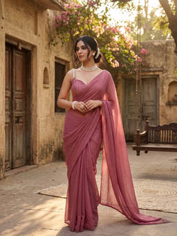 FLOSIVE - Pink Sequin Solid/Plain Saree With Unstitched Blouse