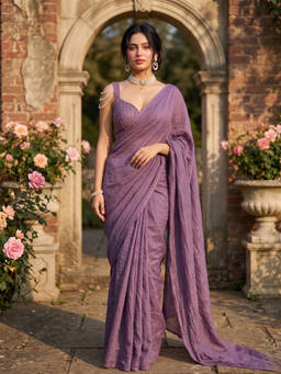FLOSIVE - Purple Sequin Solid/Plain Saree With Unstitched Blouse