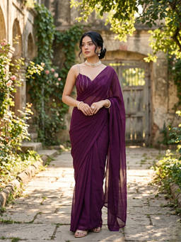 FLOSIVE - Wine Sequin Solid/Plain Saree With Unstitched Blouse