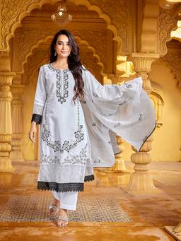 Royal Export - White Chanderi Embroidered Kurta Pant with Dupatta