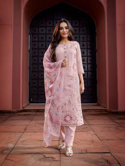 Royal Export - Pink Chanderi Embroidered Kurta Pant with Dupatta