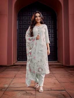 Royal Export - Aqua Chanderi Embroidered Kurta Pant with Dupatta