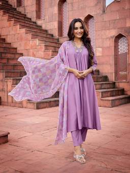 Royal Export - Lavender Viscose Solid/Plain Anarkali Kurta Pant with Dupatta