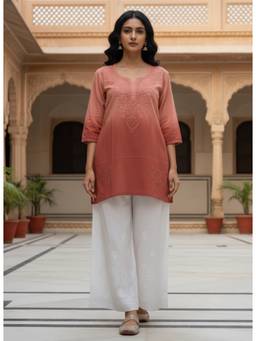 Khaka-The Chikankari Heritage - Brown Viscose Rayon Embroidered Kurti