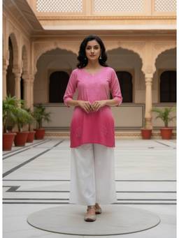 Khaka-The Chikankari Heritage - Pink Viscose Rayon Embroidered Kurti