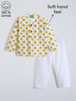 Hopscotch - White Safari Elephant Cotton Kurta and Pyjama