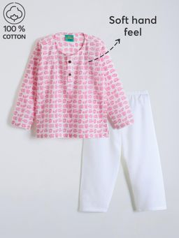 Hopscotch - Pink Safari Elephant Cotton Kurta and Pyjama