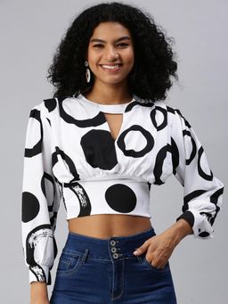 SHOWOFFFF - Women Keyhole Neck Balloon Sleeve Printed White Crop Top