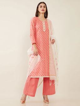 Soch - Coral Cotton Unstitched Dress Material - 3 Meter Kurta Fabric
