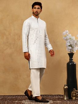 Jompers - Men Grey Rayon Sequin Embroidered Kurta With Pyjama