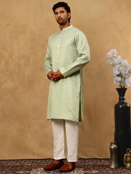 Jompers - Men Woven Green Design Cotton Jacquard Kurta With Pyjama