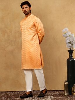 Jompers - Men Woven Orange Design Cotton Jacquard Kurta With Pyjama
