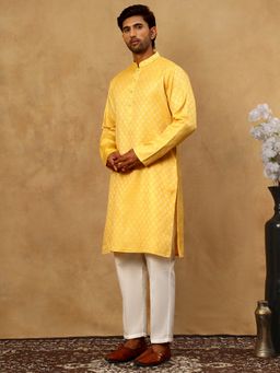 Jompers - Men Woven Yellow Design Cotton Jacquard Kurta With Pyjama