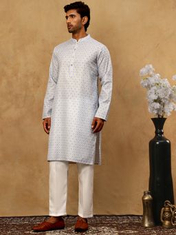 Jompers - Men Foil Blue Printed Cotton Blend Kurta With Pyjama