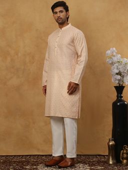 Jompers - Men Foil Printed Peach Cotton Blend Kurta With Pyjama