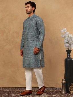 Jompers - Men Cotton Blend Green Ethnic Printed Kurta With Pyjama