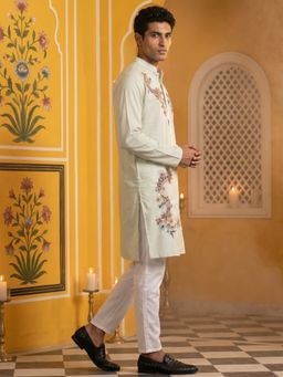 Jompers - Men Japanese Imported White Fabric Embroidered Kurta With Pyjama