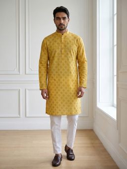 Jompers - Men Printed Cotton Yellow Blend Kurta With Pyjama