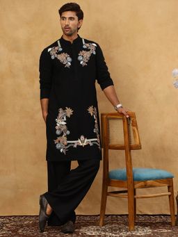 Jompers - Men Japanese Imported Black Fabric Embroidered Kurta With Pyjama