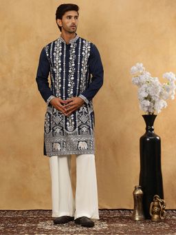 Jompers - Men Navy Blue Silk Blend Embroidered Kurta With Pyjama