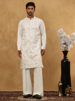 Jompers - Men White Silk Blend Embroidered Kurta With Pyjama
