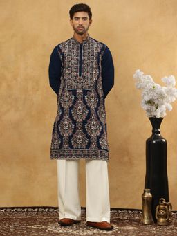 Jompers - Men Embroidered Navy Blue Silk Blend Kurta With Pyjama