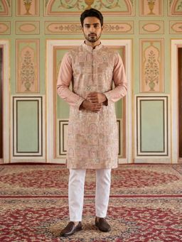 Jompers - Men Peach Embroidered Straight Kurta With Pyjama