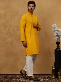 Jompers - Men Ethnic Mustard Chikankari Kurta with Pyjama