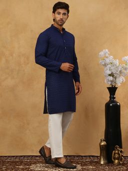 Jompers - Men Ethnic Navy Blue Chikankari Kurta with Pyjama